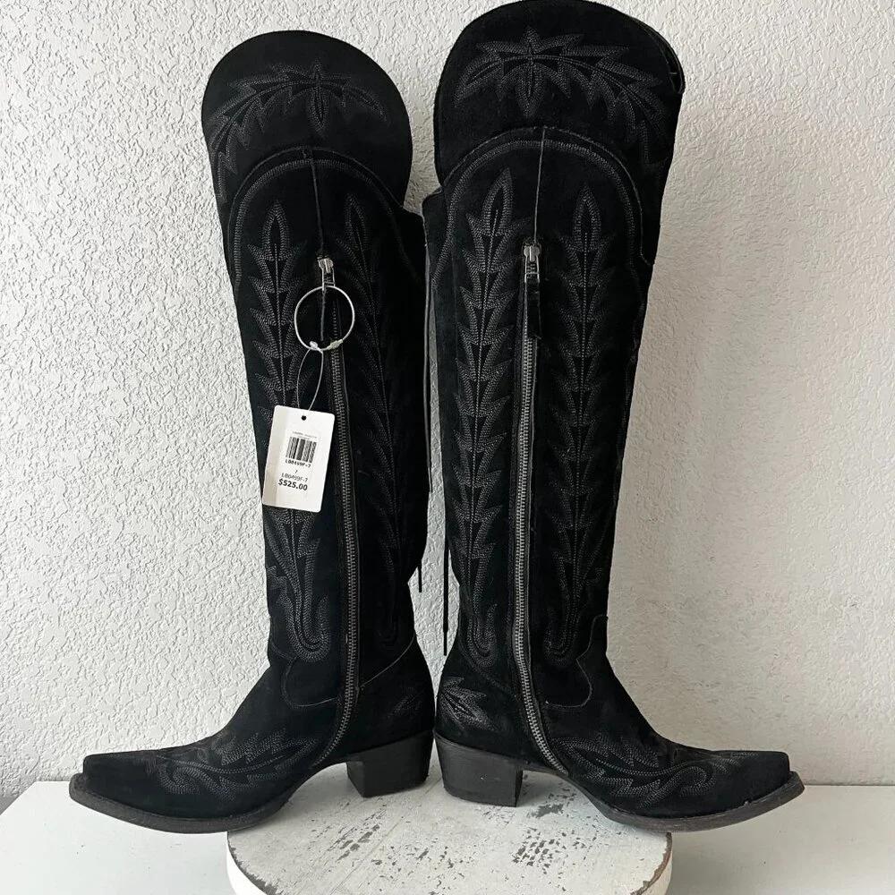 Lane LEXINGTON Over the Knee Cowboy Boots Black Suede Western Tall Snip Toe 7